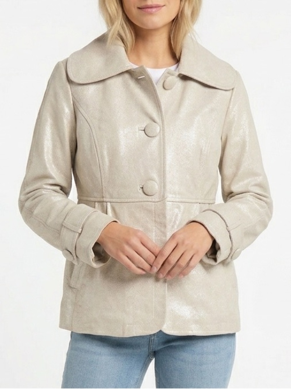 BERNARDO Cream Metallic Leather Swing Jacket Button Closure Pockets Size Medium